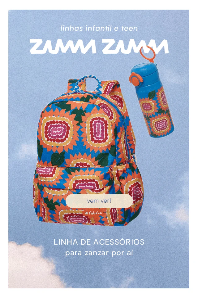 linha de acessórios ZUMZUM FÁBULA. garrafas, mochilas, lancheiras e mais